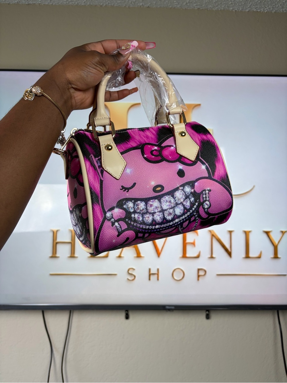 Pink Cartoon Graphic Mini Crossbody Satchel with Cream Handles